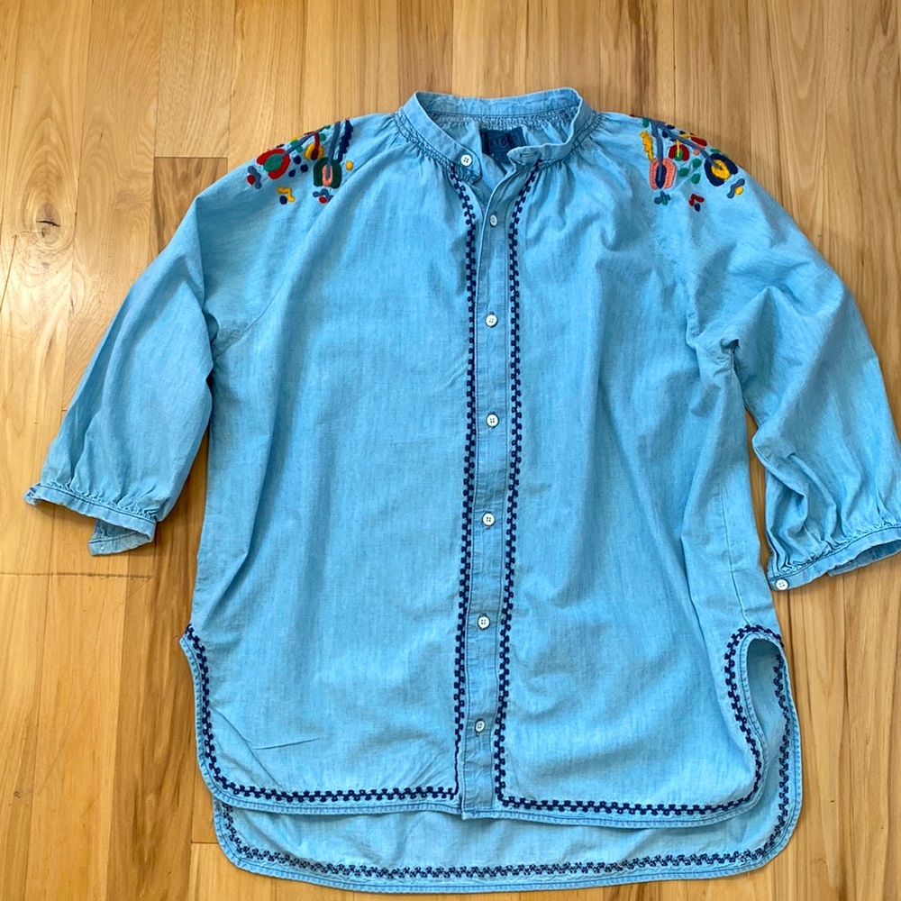Lucky Brand Cotton Hemp blend Embroidered blue oversized tunic S like M/L EUC